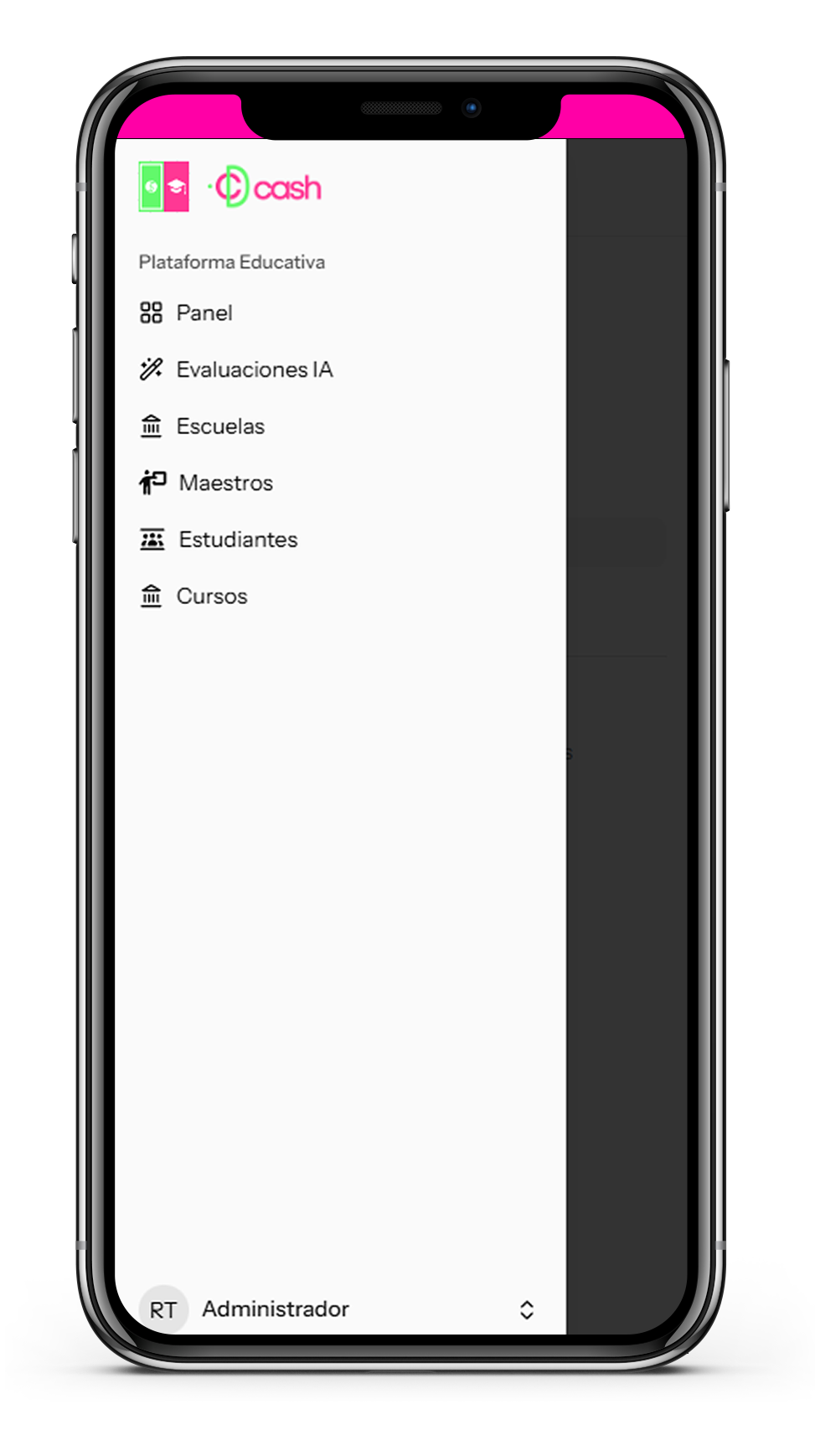 Pantalla de administrador de la plataforma CDcash